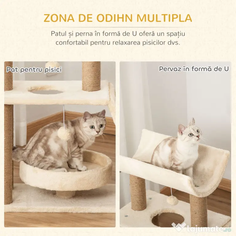 PawHut Copac pentru Pisici cu Cușcă în Formă de U, Pătuț și Covoraș Maro | Aosom Romania