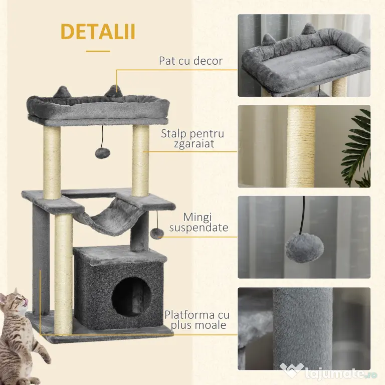 Copac Pisici cu 3 Niveluri,din Plus, Sisal, platforme si frânghiePawHut, 48x48x100 cm, gri | Aosom Romania