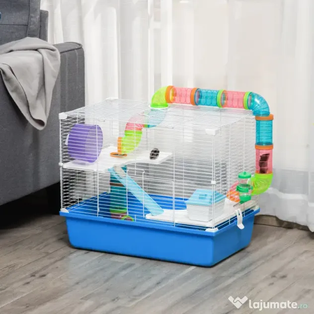 PawHut Cușcă pentru Hamsteri cu 3 Nivele, Tub, Roată de Alergat, Sticlă de Apă și Bol de Mancare, 59x36x47 cm, Albastru | Aosom Romania