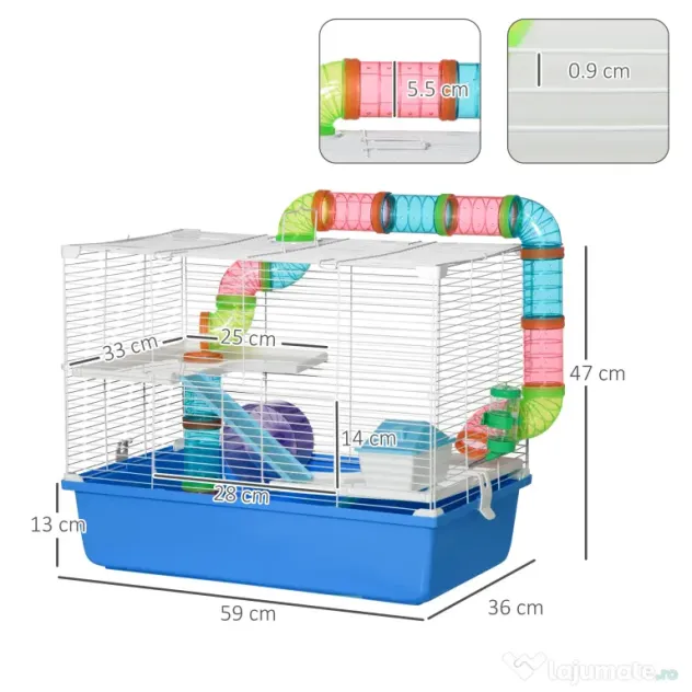PawHut Cușcă pentru Hamsteri cu 3 Nivele, Tub, Roată de Alergat, Sticlă de Apă și Bol de Mancare, 59x36x47 cm, Albastru | Aosom Romania