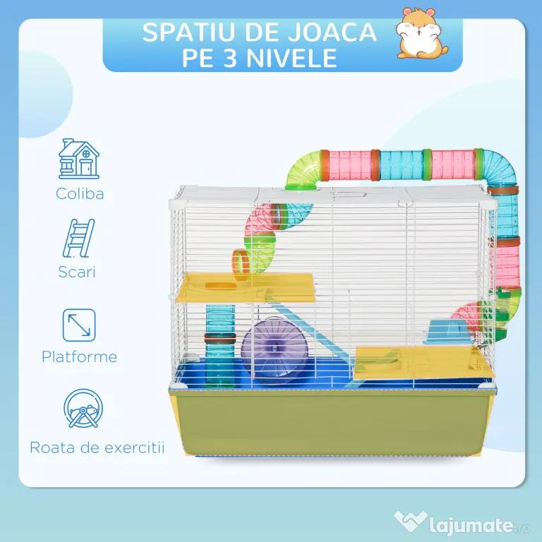 PawHut Cușcă pentru Hamsteri cu 3 Nivele, Tub, Roată de Alergat, Sticlă de Apă și Bol de Mancare, 59x36x47 cm, Albastru | Aosom Romania