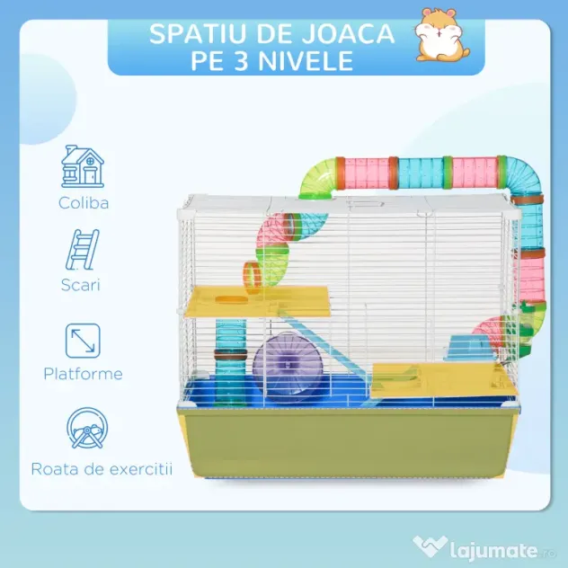 PawHut Cușcă pentru Hamsteri cu 3 Nivele, Tub, Roată de Alergat, Sticlă de Apă și Bol de Mancare, 59x36x47 cm, Albastru | Aosom Romania