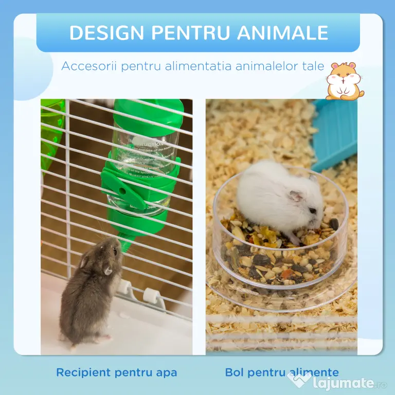 PawHut Cușcă pentru Hamsteri cu 3 Nivele, Tub, Roată de Alergat, Sticlă de Apă și Bol de Mancare, 59x36x47 cm, Albastru | Aosom Romania