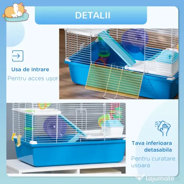 PawHut Cușcă pentru Hamsteri cu 3 Nivele, Tub, Roată de Alergat, Sticlă de Apă și Bol de Mancare, 59x36x47 cm, Albastru | Aosom Romania