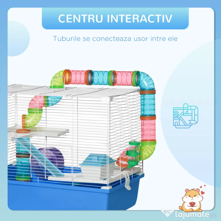 PawHut Cușcă pentru Hamsteri cu 3 Nivele, Tub, Roată de Alergat, Sticlă de Apă și Bol de Mancare, 59x36x47 cm, Albastru | Aosom Romania