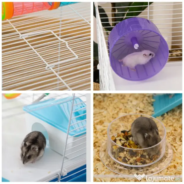PawHut Cușcă pentru Hamsteri cu 3 Nivele, Tub, Roată de Alergat, Sticlă de Apă și Bol de Mancare, 59x36x47 cm, Albastru | Aosom Romania