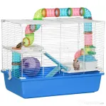 PawHut Cușcă pentru Hamsteri cu 3 Nivele, Tub, Roată de Alergat, Sticlă de Apă și Bol de Mancare, 59x36x47 cm, Albastru
