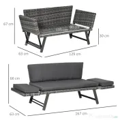 Outsunny Canapea de Grădină din Ratan și Oțel, Canapea cu 2 Locuri și Cotiere Rabatabile, 129x63x67 cm, Gri | Aosom Romania
