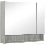 kleankin Dulap cu Oglindă, 4 Secțiuni, cu Rafturi Reglabile, din Lemn și Sticlă, 90x15x75 cm, Gri