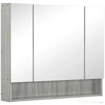 kleankin Dulap cu Oglindă cu 4 Secțiuni și Rafturi Reglabile, Oglindă de Baie din Lemn și Sticlă, 90x15x75 cm, Gri | Aosom Romania