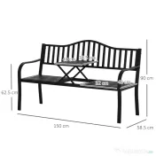Outsunny, Băncuță de grădină, Cu masă de cafea integrată, Metal,150 x 58.5 x 90 cm, Negru