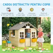 Outsunny Casa de Joaca din Lemn pentru Copii pentru Jocuri de Rol, cu Usa Functionala, Ferestre, Banca, Statie de Service, pentru Copii de 3-7 ani 