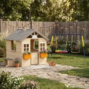 Outsunny Casa de Joaca din Lemn pentru Copii pentru Jocuri de Rol, cu Usa Functionala, Ferestre, Banca, Statie de Service, pentru Copii de 3-7 ani 