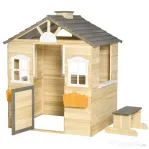 Outsunny Căsuță pentru copii 3-7 ani cu 2 ferestre, suport pentru ghivece și bancă, din lemn de brad și PP, 113Lx94x134.5 cm
