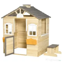 Outsunny Căsuță pentru copii 3-7 ani cu 2 ferestre, suport pentru ghivece și bancă, din lemn de brad și PP, 113Lx94x134.5 cm