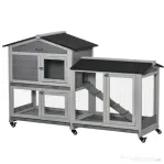 PawHut Cușcă pe 2 Nivele cu Plasă Protectoare și Roți din Lemn și Metal, 157.4x53x99.5 cm, Gri