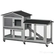 PawHut Cușcă pentru Iepuri cu 2 Niveluri, 6 Roți, Tavă Detașabilă, Rampă și Plasă Metalică, 157.4x53x99.5 cm, Gri | Aosom Romania