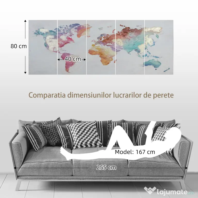 HOMCOM 5 Piese Canvas Wall Art Harta Lumii, Tablouri de Perete pentru Decor Dormitor Sufragerie, 80 x 40 cm x 4
