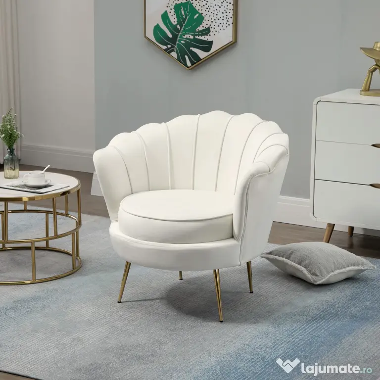HOMCOM Fotoliu Vintage Crem din Catifea pentru Dormitor Sufragerie sau Birou Design Retro Elegant | Aosom Romania