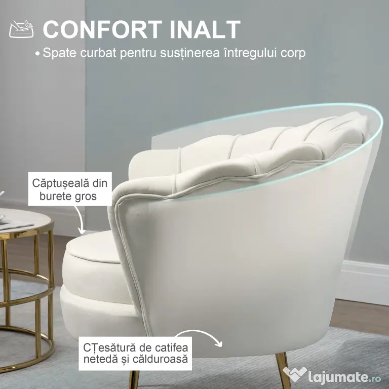 HOMCOM Fotoliu Vintage Crem din Catifea pentru Dormitor Sufragerie sau Birou Design Retro Elegant | Aosom Romania