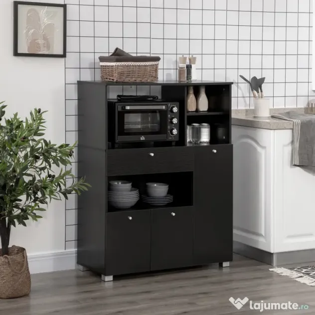 HOMCOM Bufet de Bucătărie pentru Cuptor cu Microunde, Mobilier cu Dulapuri, Rafturi și Sertar, 90x40x120 cm, Negru | Aosom Romania
