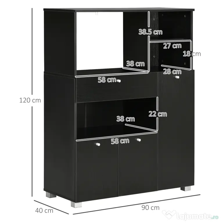 HOMCOM Bufet de Bucătărie pentru Cuptor cu Microunde, Mobilier cu Dulapuri, Rafturi și Sertar, 90x40x120 cm, Negru | Aosom Romania