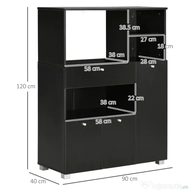 HOMCOM Bufet de Bucătărie pentru Cuptor cu Microunde, Mobilier cu Dulapuri, Rafturi și Sertar, 90x40x120 cm, Negru | Aosom Romania