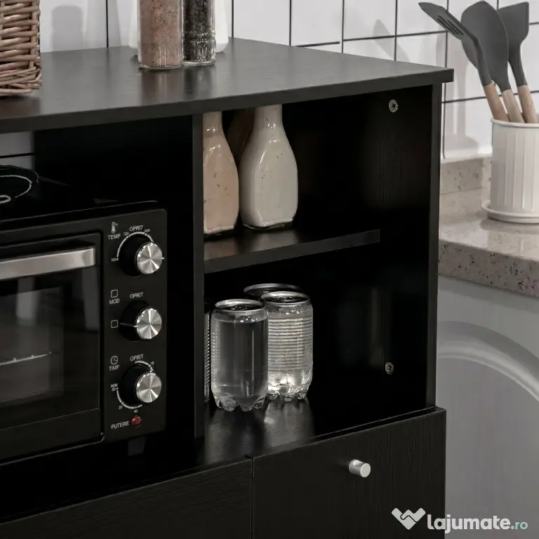 HOMCOM Bufet de Bucătărie pentru Cuptor cu Microunde, Mobilier cu Dulapuri, Rafturi și Sertar, 90x40x120 cm, Negru | Aosom Romania
