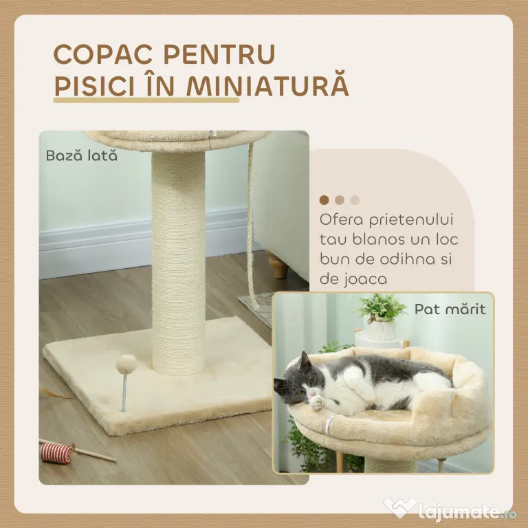 PawHut Copac Zgâriat pentru Pisici, Patut, Minge, Sfoară de Joacă, Plus și Sisal, 55x55x83cm, Beige | Aosom Romania
