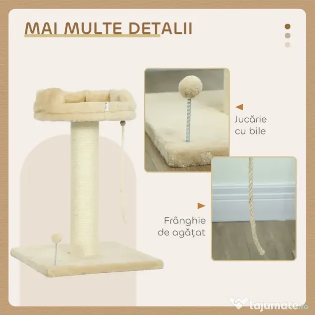 PawHut Copac Zgâriat pentru Pisici, Patut, Minge, Sfoară de Joacă, Plus și Sisal, 55x55x83cm, Beige | Aosom Romania
