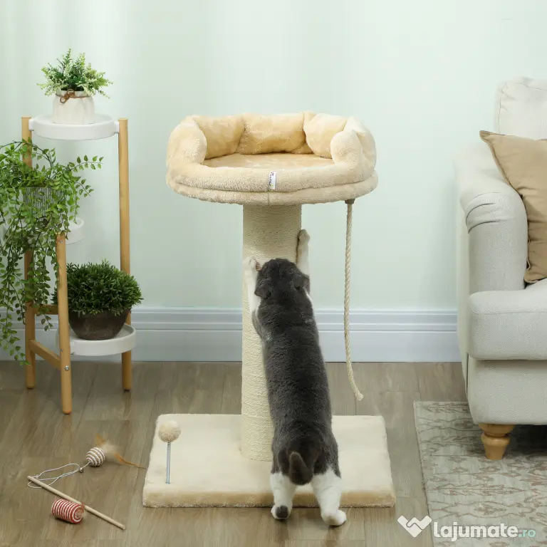 PawHut Copac Zgâriat pentru Pisici, Patut, Minge, Sfoară de Joacă, Plus și Sisal, 55x55x83cm, Beige | Aosom Romania