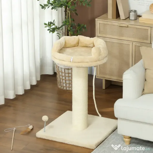 PawHut Copac Zgâriat pentru Pisici, Patut, Minge, Sfoară de Joacă, Plus și Sisal, 55x55x83cm, Beige | Aosom Romania