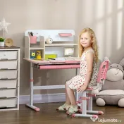 HOMCOM Set de Birou și Scaun pentru Copii de la 3 Ani Reglabil, Masă Inclinabilă 60° cu Sertar și Rafturi, Roz