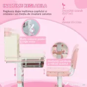 HOMCOM Set de Birou și Scaun pentru Copii de la 3 Ani Reglabil, Masă Inclinabilă 60° cu Sertar și Rafturi, Roz