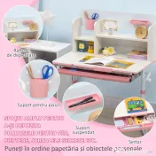 HOMCOM Set de Birou și Scaun pentru Copii de la 3 Ani Reglabil, Masă Inclinabilă 60° cu Sertar și Rafturi, Roz