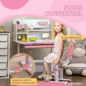 HOMCOM Set de Birou și Scaun pentru Copii de la 3 Ani Reglabil, Masă Inclinabilă 60° cu Sertar și Rafturi, Roz