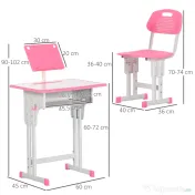 HOMCOM Bancă cu Scaun pentru Copii 6-12 ani cu Înălțime Reglabilă, Suport pentru Cărți și Raft, 60x45x90-102 cm, Roz