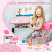 HOMCOM Bancă cu Scaun pentru Copii 6-12 ani cu Înălțime Reglabilă, Suport pentru Cărți și Raft, 60x45x90-102 cm, Roz