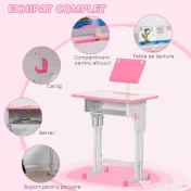 HOMCOM Bancă cu Scaun pentru Copii 6-12 ani cu Înălțime Reglabilă, Suport pentru Cărți și Raft, 60x45x90-102 cm, Roz