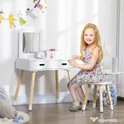 ZONEKIZ Set Toaletă pentru Copii din Lemn, Masă de Machiaj cu Oglindă, 2 Sertare și Scăunel, 60x40x95 cm, Alb
