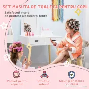 ZONEKIZ Set Toaletă pentru Copii din Lemn, Masă de Machiaj cu Oglindă, 2 Sertare și Scăunel, 60x40x95 cm, Alb