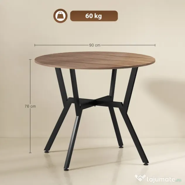 HOMCOM Masă Rotundă de Sufragerie pentru 2 Persoane cu Suport în X, Masă Modernă din Lemn și Oțel, Ø90x76 cm, Maro | Aosom Romania