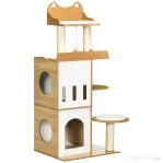 PawHut Ansamblul pentru pisici MDF cu stalpi de zgariat din sisal, 2 casute pentru pisici, platforme si minge de joaca, 60x48x133 cm, alb si stejar