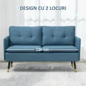 HOMCOM Canapele cu 2 locuri pentru camera de zi din tesatura cu buton cu perne, albastru inchis 