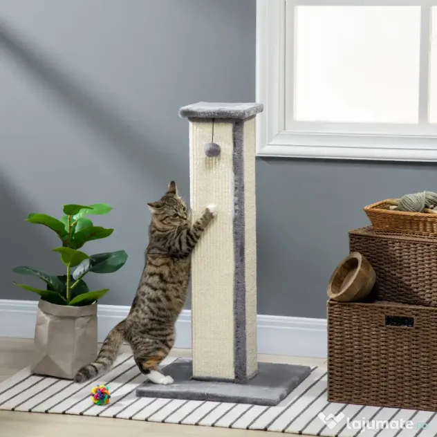PawHut Stâlp de zgâriat pentru Pisici cu Minge Suspendată și Înveliș din Pluș, 41x41x81 cm, Gri | Aosom Romania