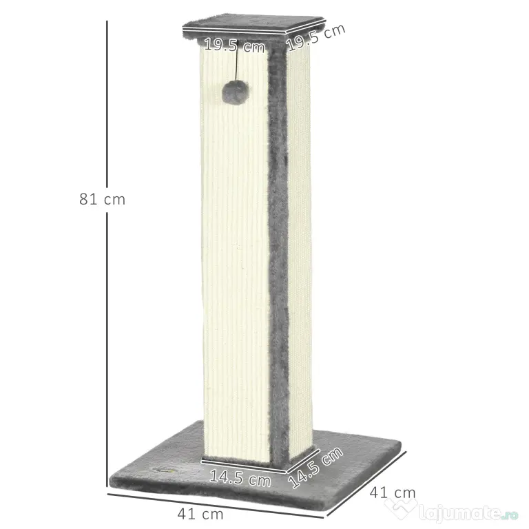 PawHut Stâlp de zgâriat pentru Pisici cu Minge Suspendată și Înveliș din Pluș, 41x41x81 cm, Gri | Aosom Romania