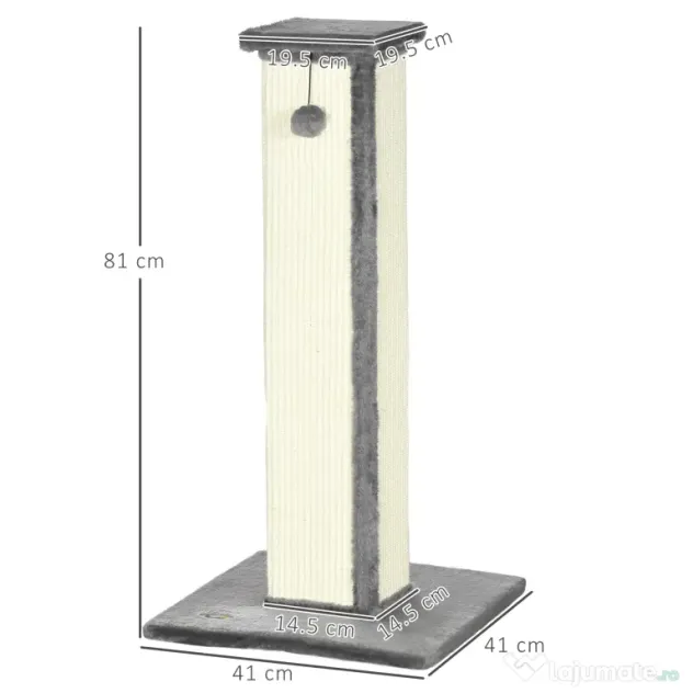PawHut Stâlp de zgâriat pentru Pisici cu Minge Suspendată și Înveliș din Pluș, 41x41x81 cm, Gri | Aosom Romania