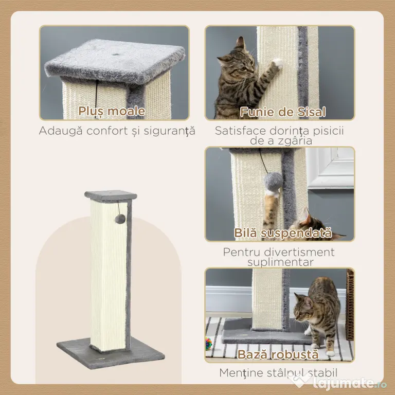 PawHut Stâlp de zgâriat pentru Pisici cu Minge Suspendată și Înveliș din Pluș, 41x41x81 cm, Gri | Aosom Romania