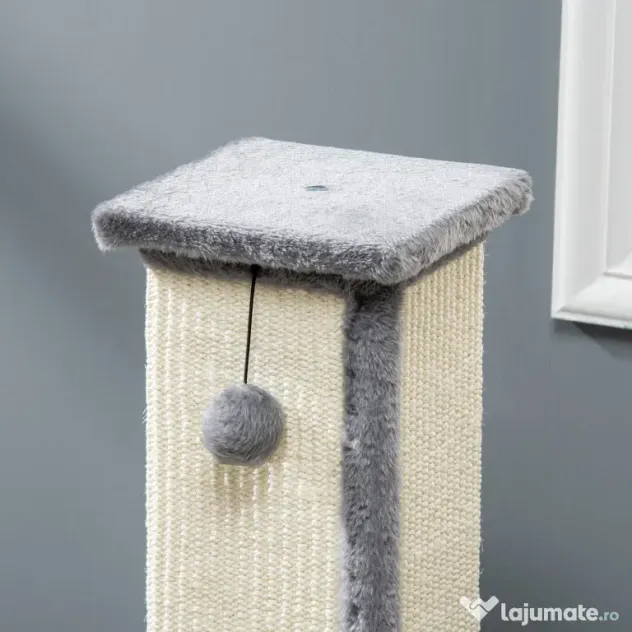PawHut Stâlp de zgâriat pentru Pisici cu Minge Suspendată și Înveliș din Pluș, 41x41x81 cm, Gri | Aosom Romania
