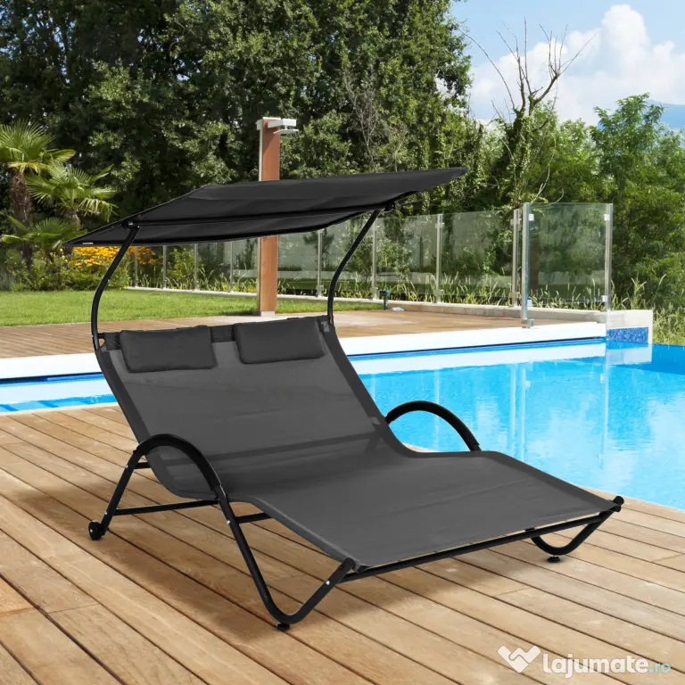 Outsunny Sezlong de exterior pentru gradina cu acoperis parasolar, gri inchis | AOSOM RO